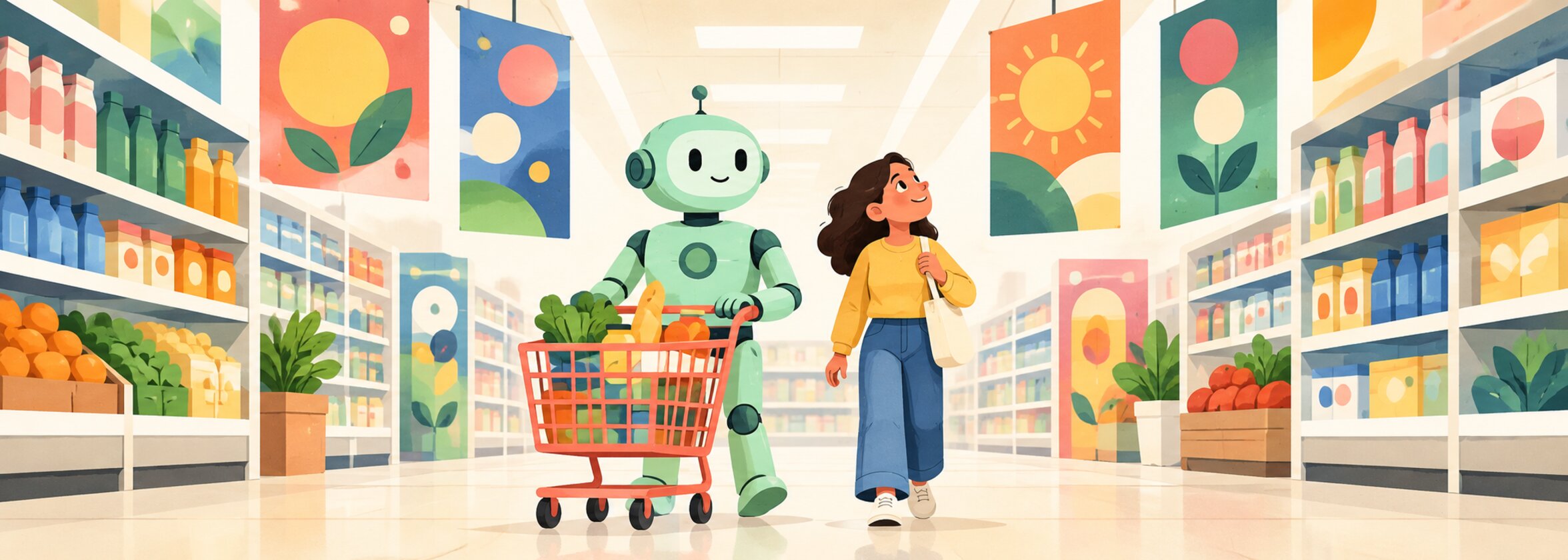 A robot shopper pushes a cart past colourful ad signs while a small person looks at them in a bright daytime store aisle