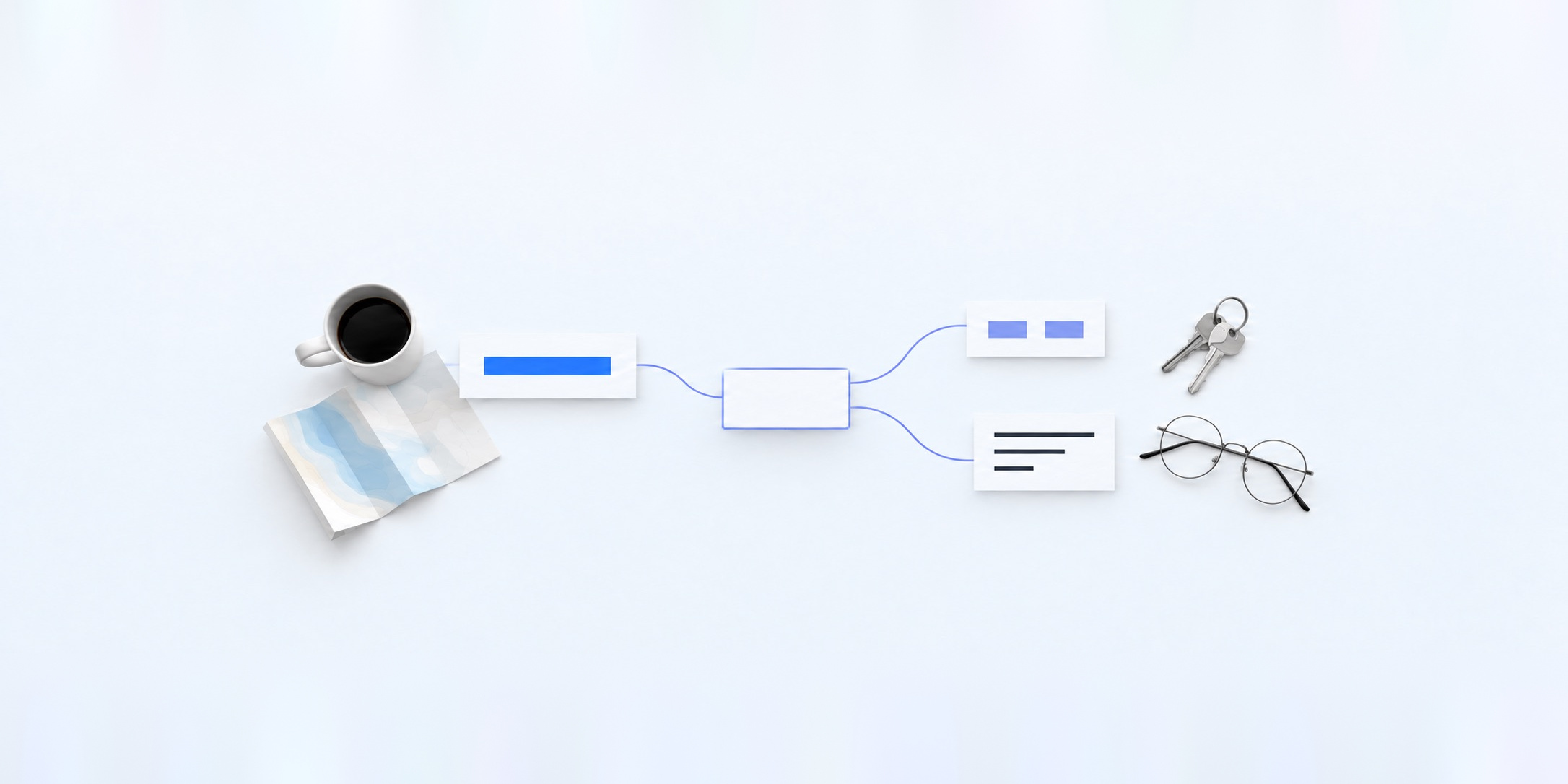 A card with a blue bar linked by thin blue lines through a blank middle card to two different answer cards, beside a coffee mug, folded map, keys and glasses