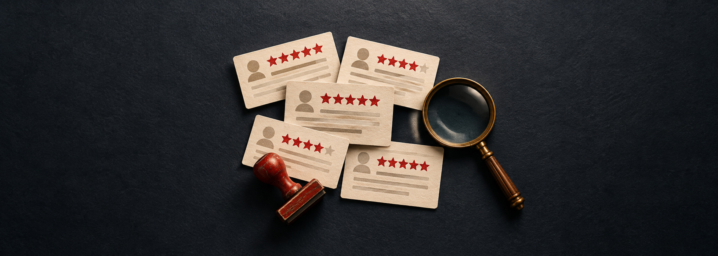 Review cards with star ratings and a machine-made mark spread beneath a magnifying glass on a dark paper-covered table